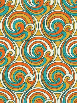 Retro psychedelic swirl pattern with orange and teal wave motifs