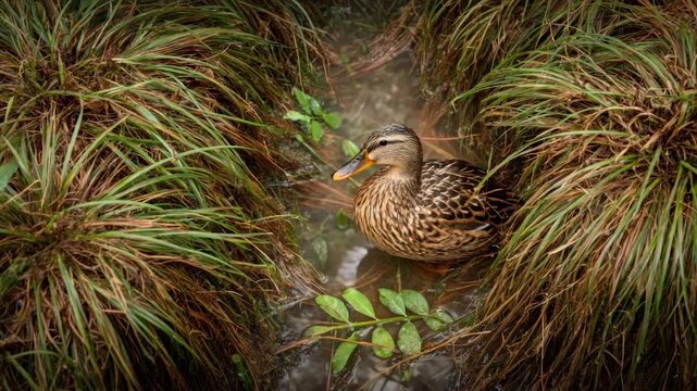 A duck floats in shallow water, framed by long grasses and plants