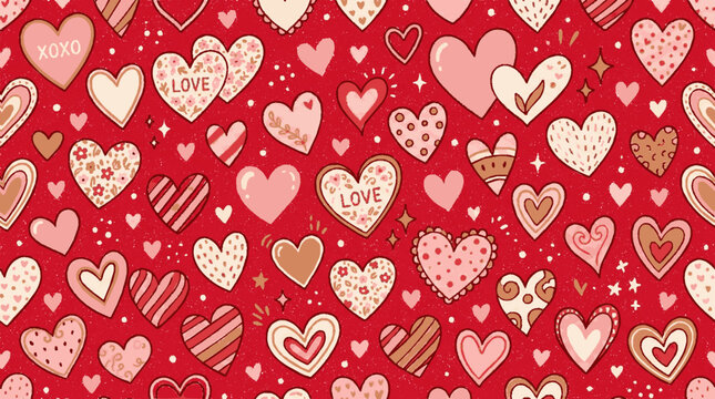 Seamless romantic pattern featuring decorative hearts in various pink and red shades for valentine day celebrations with white red playful