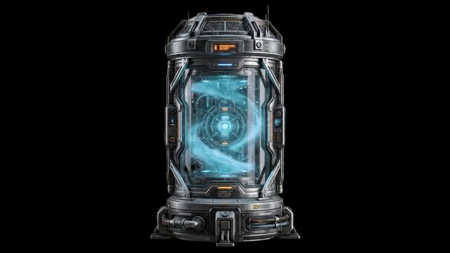 A futuristic metallic reactor cylinder containing a swirling blue plasma core against a black background. This visual is perfect for science fiction projects, futuristic technology concepts, and motio