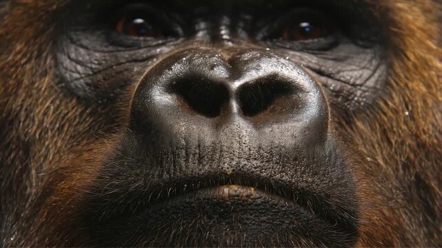 Close-up of primate face, focusing on the wet, dark nose and intense reddish eyes