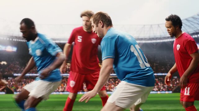 Soccer players in red and blue jerseys dribbling for ball possession on pitch, match action and footwork for intense attack, opponents defending goal net, for football match content.