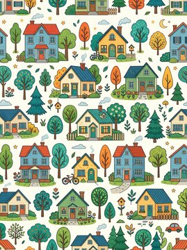 Seamless pattern of cozy colorful houses and whimsical garden trees