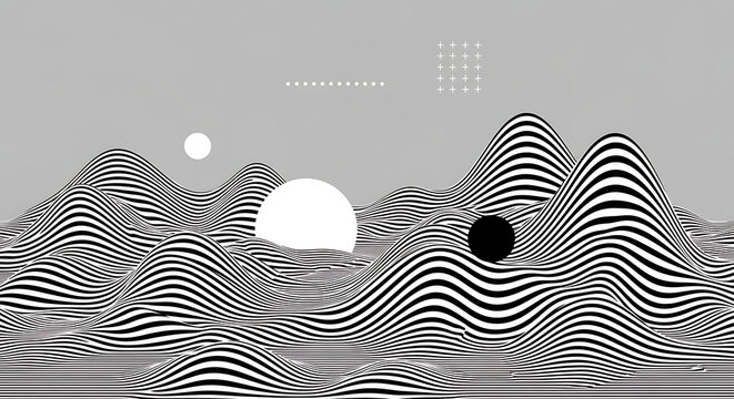 Abstract optical illusion mountains with black and white stripes pattern abstract illusion mountain landscape monochrome background minimalist geometric perspective creative