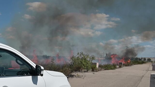 incendio sul ciglio di una strada