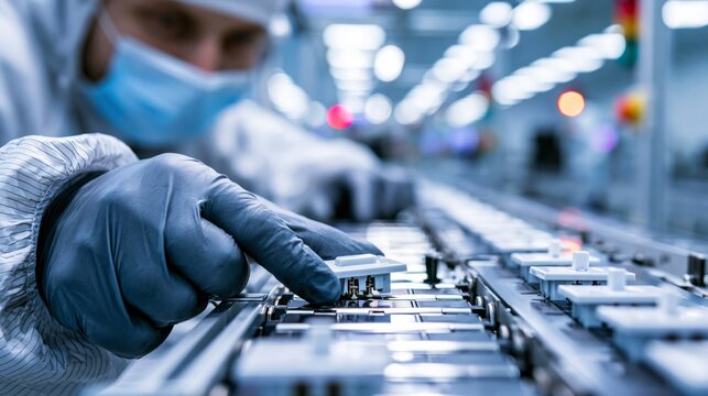 Factory worker inspecting a light switch from a production conveyor. Concept of electrical switch manufacturing.