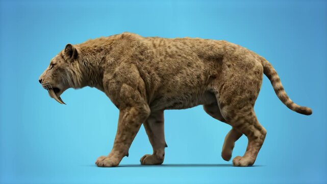 A 3D render of a muscular prehistoric saber-toothed cat, Smilodon, walking slowly against a chroma key blue screen. Perfect for ice age documentaries, paleontology presentations, and evolutionary biol