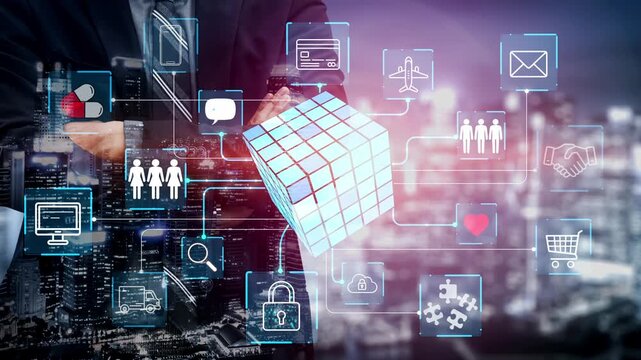 Businessman with Digital Interface Representing Network Connections and Technology in Urban Environment with Data Icons. Entropy.