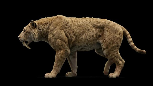 High-contrast 3D render of a prehistoric Sabertooth tiger (Smilodon) walking, isolated against a solid pitch-black background. Perfect for ice age documentaries, paleontology history videos, extinct p