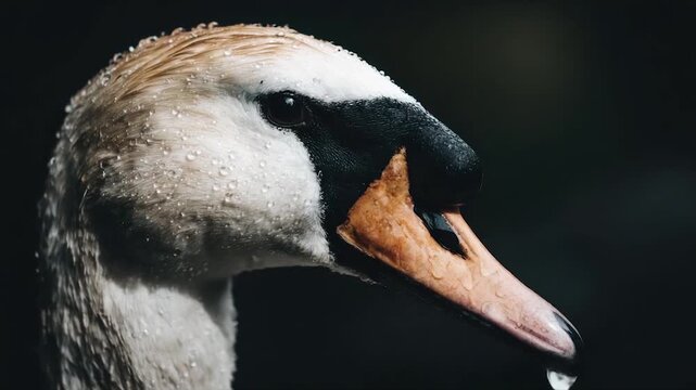 Close-up of a swan's wet head. Detailed textures of feathers and beak are evident