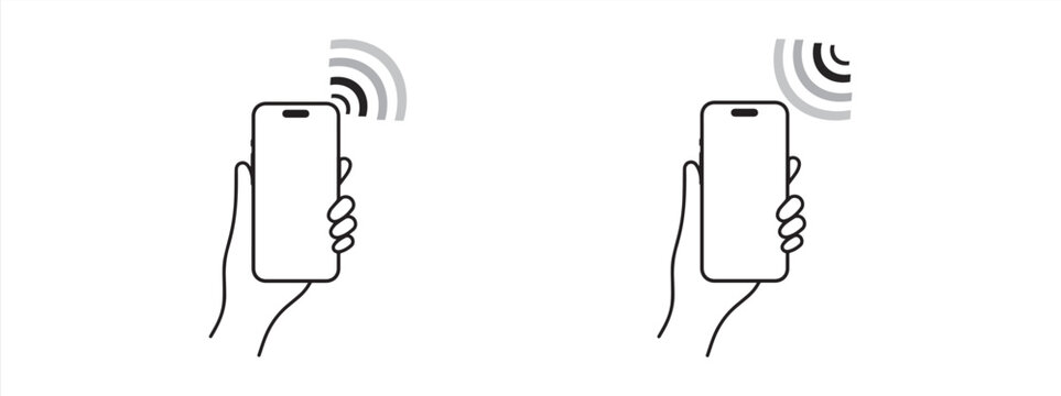 NFC technology. Hand holding Phone. Contactless wireless pay sign logo. Near Field Communication nfc payment concept. Contact less. NFC payment with mobile phone. Credit card