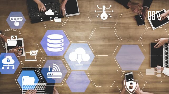 Concept design of managing online documents with cloud storage, digital file management, and secure sharing. Online documents improve workflow, online documents enhance security. Funnel
