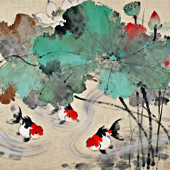 Fototapeta premium Chinese Ink Wash Goldfish and Lotus Leaf Painting