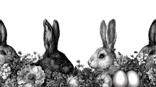 Detailed black and white illustration of four rabbit heads surrounded by various flowers and two eggs, vintage style hand-drawn animal and floral composition on white background