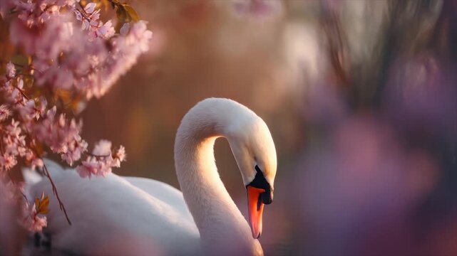 A swan with a curved neck is partially framed by soft pink blossoms. Soft lighting creates ambiance