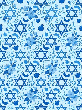 Seamless jewish holiday pattern with star of david and floral motifs