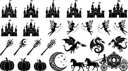 Fairy tale silhouette element bundle featuring medieval fantasy castles, mythical dragons, flying fairies, magic wands, and royal horse carriage vectors. © ALOMGIR