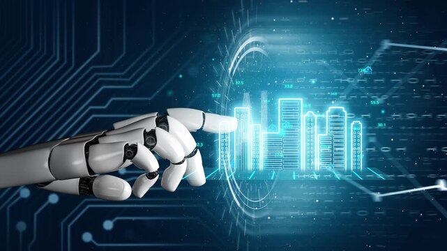 Futuristic Robot Hand Interacting with Digital Data Visualization and Graphs Representing Growth in Technology and Innovation. Entropy.
