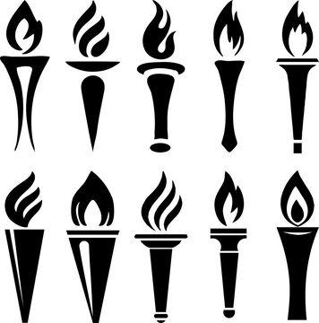 Torch icon set, flaming torch symbols collection