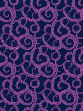 Purple octopus tentacles seamless pattern on dark background