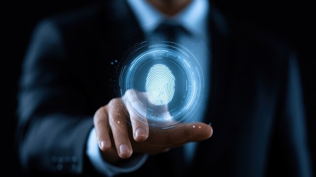 Businessman using futuristic digital fingerprint scanning technology for biometric identification and security access authentication in a dark background setting