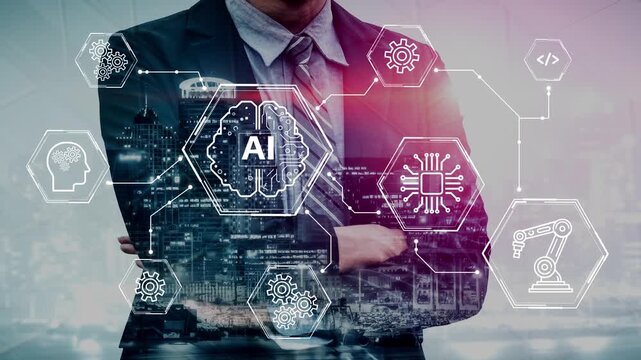 Businessman with Artificial Intelligence Concept and City Background Illustrating Technology and Innovation in Modern Society. Entropy.