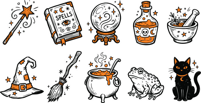 Set of 9 hand-drawn outline icons related to Halloween, magic, witchcraft - collection of magic wand, spell book, crystal ball, potion, witch hat, broom, cauldron, toad, black cat vector elements