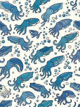Cute blue cuttlefish swimming in a seamless underwater pattern