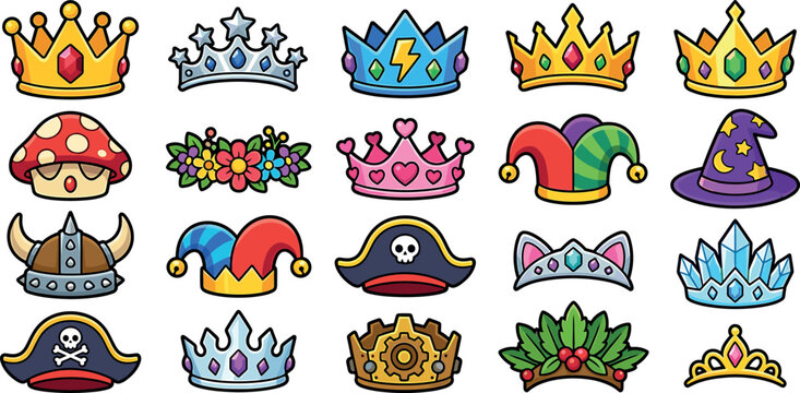 Cartoon fantasy hat and crown icon bundle featuring royal tiaras, pirate tricorns, wizard caps, jester hats, and game asset vectors.