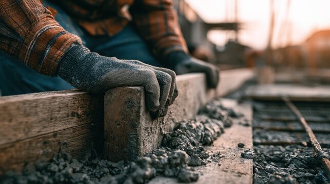 Close-up of worker hand wearing glove using tamping tool to compress wet concrete on wooden plank at construction site during sunset