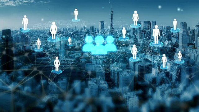 Conceptual illustration of network connections between people over a city skyline, symbolizing digital communication, social media, and technology advancements in contemporary urban life. Entropy.