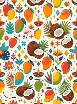 Vibrant tropical mango and coconut seamless pattern with flowers