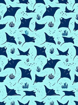 Seamless pattern of manta ray silhouettes swimming in the ocean