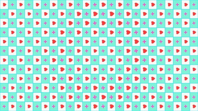 Cute Checkerboard Pattern with Rotating Red Hearts and Pink Plus Cross Symbols, Pastel Mint and White Grid Seamless Loop Background