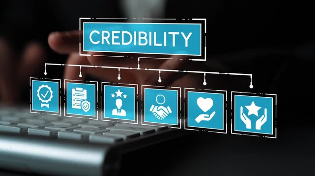 Concept of Credibility in Business with Visual Icons Representing Trust, Certificates, Partnerships, and Customer Satisfaction on a Digital Interface. Entropy.