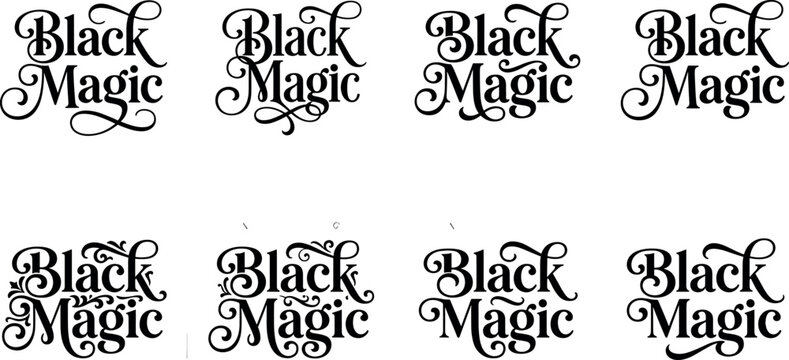 Elegant black magic typography quote vector collection with vintage gothic script and cursive swash lettering elements for wizard theme stickers