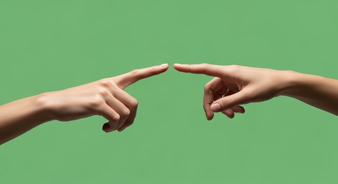 Two distinct human hands fingers extended nearly touching against a solid verdant backdrop symbolizing connection communication and the nascent spark of interaction.