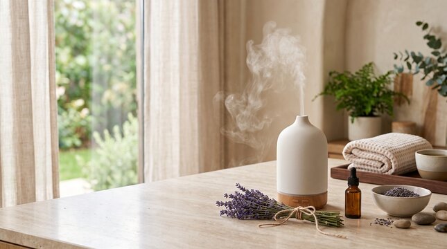 A white ceramic essential oil diffuser emitting mist on a marble table alongside dried lavender, an oil bottle, and spa accessories in a bright room.