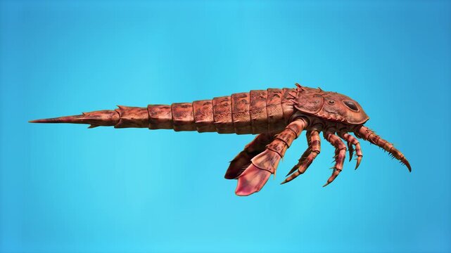 A detailed 3D animation of an ancient eurypterid sea scorpion swimming against a vibrant blue background. Perfect for scientific visualizations, evolutionary history projects, and paleontology documen
