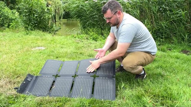 Man connecting a portable power station to foldable solar panels outdoors. Concept of renewable energy, off-grid electricity, sustainable technology, camping and clean portable power.
