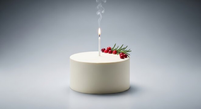 A single burning birthday candle atop a festive dessert adorned with holly berries and rosemary symbolizing celebration special occasions and ephemeral moments.