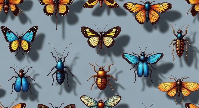 Vibrant butterflies and dragonflies on blue background.