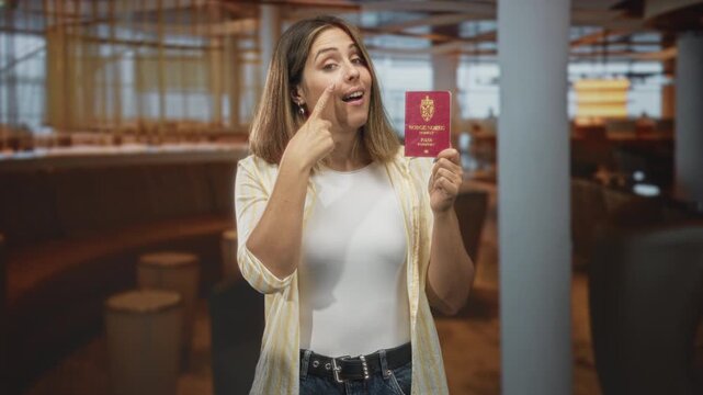 Woman holding norwegian passport and pointing finger to cheek in airport lounge; confidence readiness.