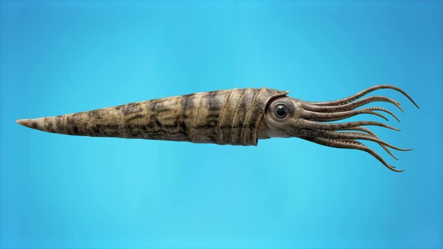 A detailed 3D rendering of the prehistoric nautiloid Cameroceras swimming horizontally through the water against a soft light blue backdrop. Perfect for evolutionary marine biology projects, ancient o