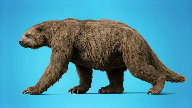 A realistic 3D walk cycle of the extinct Pleistocene mammal Megatherium, the giant ground sloth, moving against a solid light blue backdrop. Ideal for ice age documentaries, paleontology presentations