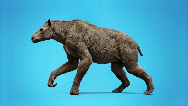 A detailed 3D rendering of the ancient knuckle-walking mammal Chalicotherium moving smoothly against a solid light blue screen. Perfect for Cenozoic era documentaries, prehistoric nature scenes, and s