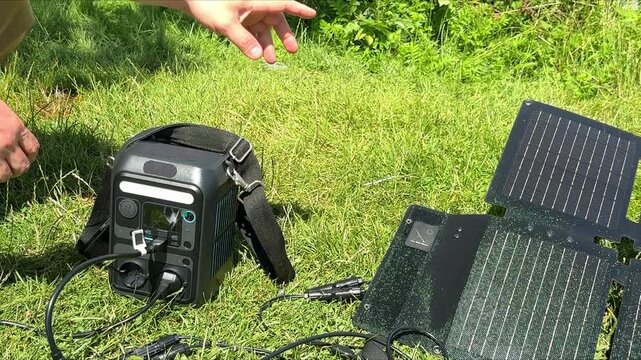 Portable foldable solar panels connected to a power station outdoors. Concept of renewable energy, off-grid electricity, battery storage, camping, sustainable technology and clean power.