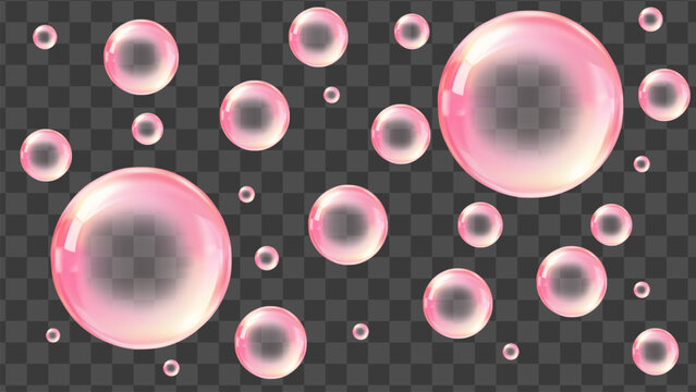 Realistic Pink bubbles floating on a transparent background