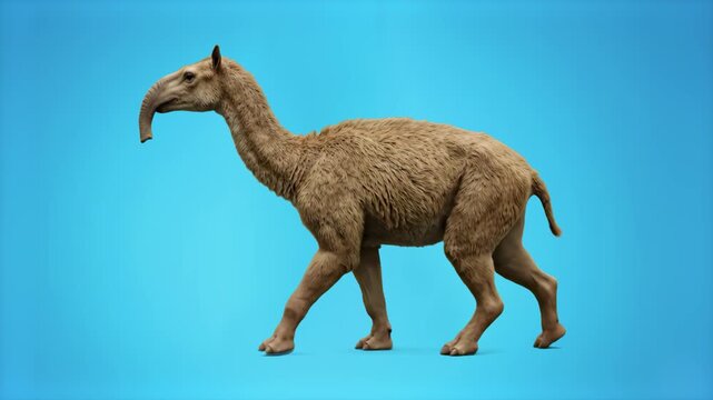 A realistic 3D walk cycle of the extinct South American mammal Macrauchenia, featuring its distinctive trunk-like snout, moving against a solid light blue backdrop. Ideal for paleontology documentarie