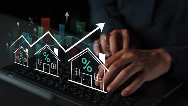 Hands on Laptop with Graphs and House Icons Representing Real Estate Growth and Investment Trends in a Digital Environment. Entropy.